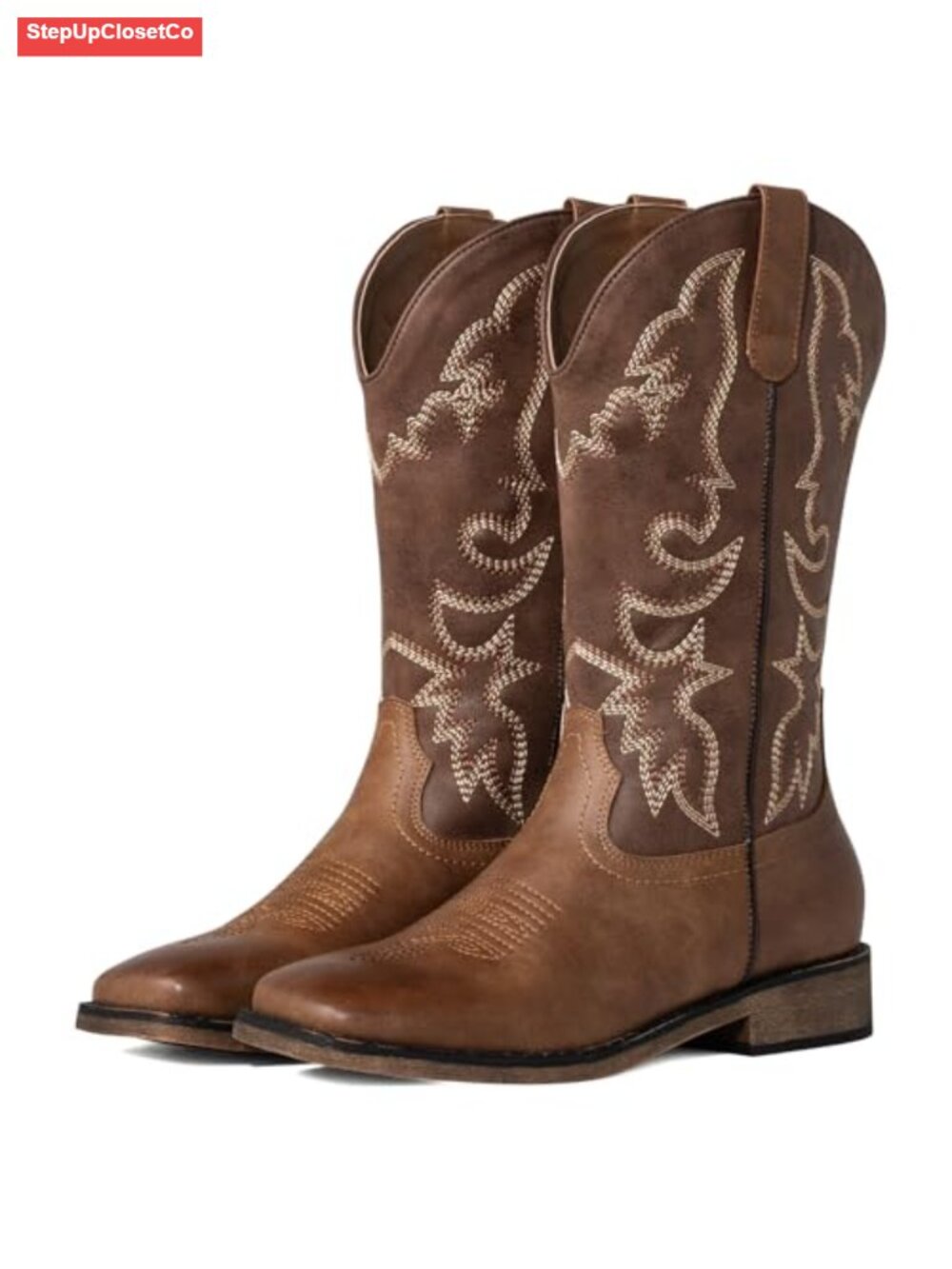 Women's Square Toe Embroidered Cowgirl Boots Mid Calf PU Leather Western Boots